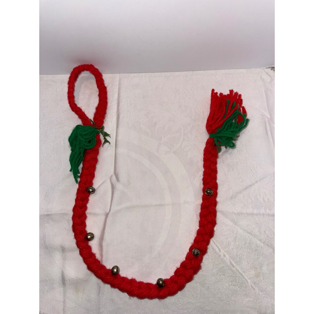 Vintage Christmas Braided Red Yarn Door Hanger Jingle Bells Holly Tassel Decor